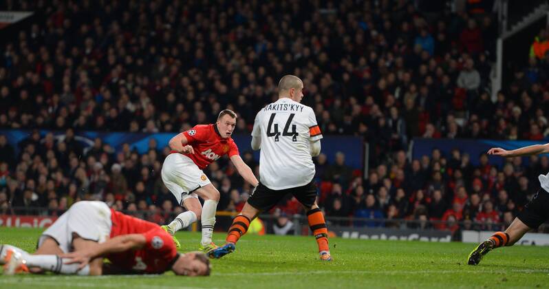 Phil Jones of Manchester United scores the first goal - UEFA Champions League Group A - Manchester Utd vs Shakhtar Donetsk - Old Trafford Stadium - Manchester - England - 10 12 13 - Picture Simon Bellis Sportimage EDITORIAL USE ONLY. No use with unauthorised audio, video, data, fixture lists, club league logos or live services. Online in-match use limited to 120 images, no video emulation. No use in betting, games or single club league player publications.