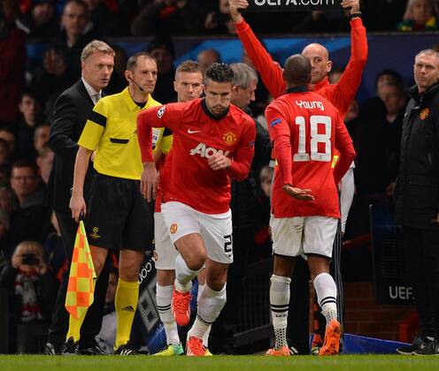 Robin van Persie of Manchester United comes on in place of Ashley Young of Manchester United - UEFA Champions League Group A - Manchester Utd vs Shakhtar Donetsk - Old Trafford Stadium - Manchester - England - 10 12 13 - Picture Simon Bellis Sportimage EDITORIAL USE ONLY. No use with unauthorised audio, video, data, fixture lists, club league logos or live services. Online in-match use limited to 120 images, no video emulation. No use in betting, games or single club league player publications.