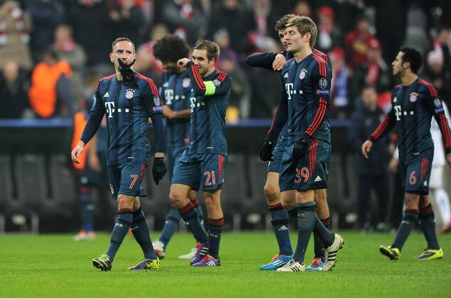 10-12-2013, Fussball, Saison 2013-2014, UEFA Champions League, Vorrunde, FC Bayern München - Manchester City, v.li., Franck Ribery (Bayern München), Dante (Bayern München), Philipp Lahm (Bayern München), Thomas Müller (Thomas Müller, Bayern München), Toni Kroos (Bayern München), Thiago Alcantara (Bayern München)