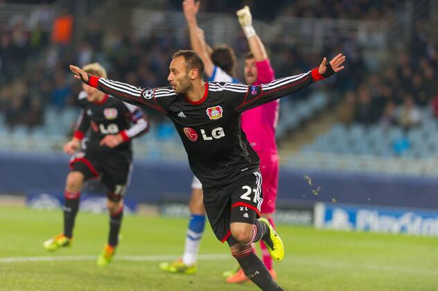San Sebastian, Spain. 10th December 2013 Bayer 04 Leverkusen s Ömer Toprak (21) celebrates the goal during the UEFA Champions League Group A match between Real Sociedad and Bayer 04 Leverkusen at Anoeta Stadium 
