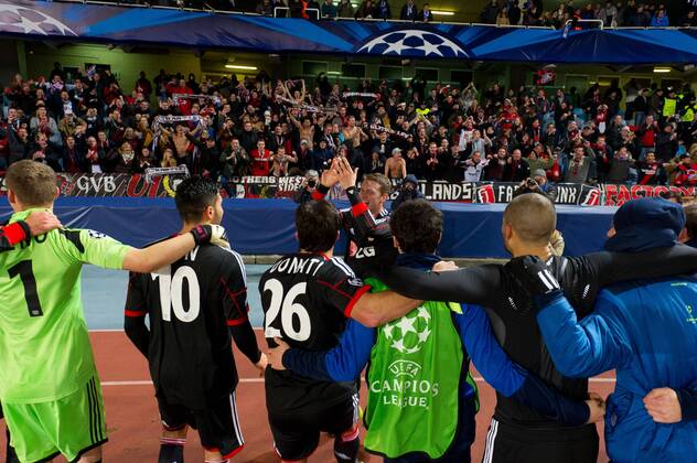 San Sebastian, Spain. 10th December 2013 The Bayer players celebrating. UEFA Champions League Group A match between Real Sociedad and Bayer 04 Leverkusen at Anoeta Stadium 
