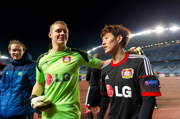 San Sebastian, Spain. 10th December 2013 Bernd Leno, Son Heung-Min . UEFA Champions League Group A match between Real Sociedad and Bayer 04 Leverkusen at Anoeta Stadium 