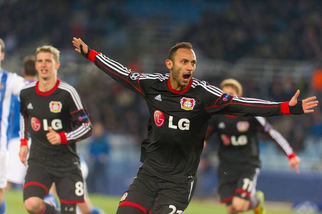 San Sebastian, Spain. 10th December 2013 Bayer 04 Leverkusen s Ömer Toprak (21) celebrates the goal during the UEFA Champions League Group A match between Real Sociedad and Bayer 04 Leverkusen at Anoeta Stadium 