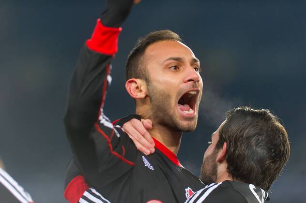 San Sebastian, Spain. 10th December 2013 Bayer 04 Leverkusen s Ömer Toprak (21) celebrates the goal during the UEFA Champions League Group A match between Real Sociedad and Bayer 04 Leverkusen at Anoeta Stadium 