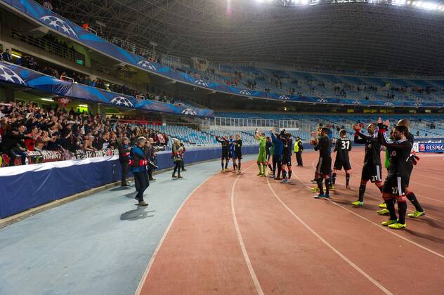 San Sebastian, Spain. 10th December 2013 Players of Bayer celebrating.UEFA Champions League Group A match between Real Sociedad and Bayer 04 Leverkusen at Anoeta Stadium 