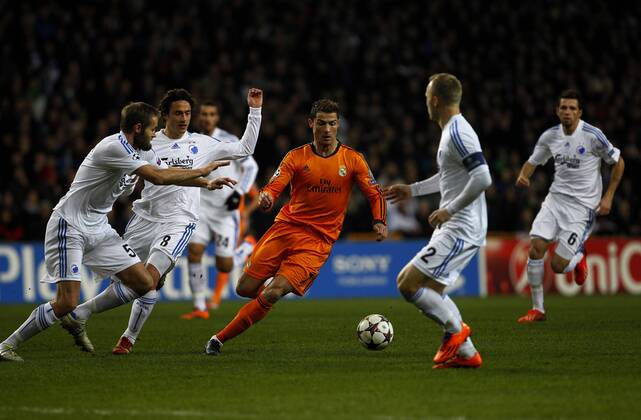 Champions League match between FC Copenhagen and Real Madrid. In this picture, Cristiano Ronaldo, Olof Mellberg, Thomas Delaney - xCHEMAxREYx 