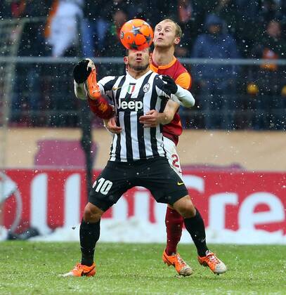 UEFA Champions League group B match between Galatasaray Istanbul and Juventus Torino at Turk Telekom Arena Stadium on December 11, 2013 in Istanbul. Pictured: Semih Kaya of Galatasaray and Carlos Tevez of Juventus. 