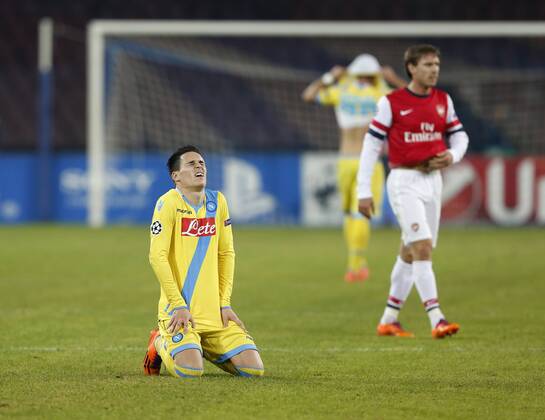 Napoli s Jose Callejon looks on dejected at the final whistle Napoli v Arsenal - UEFA Champions League - San Paolo Stadium - Naples - Italy - 11 12 2013 - Pic David Klein Sportimage EDITORIAL USE ONLY. No use with unauthorised audio, video, data, fixture lists, club league logos or live services. Online in-match use limited to 120 images, no video emulation. No use in betting, games or single club league player publications.