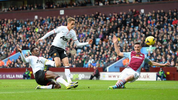 Danny Welbeck of Manchester United scores the second goal - Barclays Premier League - Aston Villa vs Manchester United (ManU) - Villa Park Stadium - Birmingham - England - 15th December 2013 - Picture SimonxBellis Sportimage EDITORIAL USE ONLY. No use with unauthorised audio, video, data, fixture lists, club league logos or live services. Online in-match use limited to 120 images, no video emulation. No use in betting, games or single club league player publications.