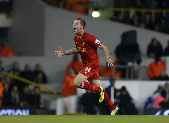 Liverpool s Jordan Henderson celebrates scoring his sides second goal Tottenham Hotspur vs Liverpool FC - Premier League - White Hart Lane - London - England - 15 12 2013 - Pic DavidxKlein Sportimage EDITORIAL USE ONLY. No use with unauthorised audio, video, data, fixture lists, club league logos or live services. Online in-match use limited to 120 images, no video emulation. No use in betting, games or single club league player publications.