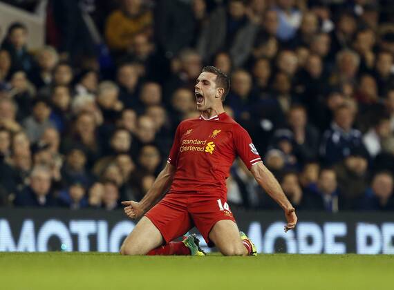 Liverpool s Jordan Henderson celebrates scoring his sides second goal Tottenham Hotspur vs Liverpool FC - Premier League - White Hart Lane - London - England - 15 12 2013 - Pic DavidxKlein Sportimage EDITORIAL USE ONLY. No use with unauthorised audio, video, data, fixture lists, club league logos or live services. Online in-match use limited to 120 images, no video emulation. No use in betting, games or single club league player publications.