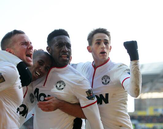 Manchester United s Tom Cleverley, Ashley Young, Danny Welbeck and Adnan Januzaj celebrate their sides third goal Hull City vs Manchester United - Premier League - KC Stadium - London - England - 26 12 2013 - Pic David Klein Sportimage EDITORIAL USE ONLY. No use with unauthorised audio, video, data, fixture lists, club league logos or live services. Online in-match use limited to 120 images, no video emulation. No use in betting, games or single club league player publications.