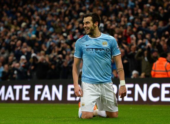 Alvaro Negredo of Manchester City celebrates his winning goal - Barclays Premier League - Manchester City vs Liverpool - Etihad Stadium - Manchester - England - 26th December 2013 - Picture Simon Bellis Sportimage EDITORIAL USE ONLY. No use with unauthorised audio, video, data, fixture lists, club league logos or live services. Online in-match use limited to 120 images, no video emulation. No use in betting, games or single club league player publications.