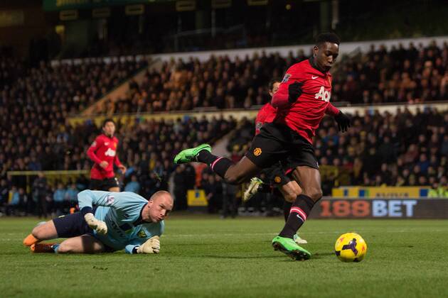 Danny Welbeck of Manchester United scores the opening goal - Norwich vs. Manchester United - Barclays Premier League - Carrow Road - Norwich - 26 12 2013 Pic Philip Oldham Sportimage EDITORIAL USE ONLY. No use with unauthorised audio, video, data, fixture lists, club league logos or live services. Online in-match use limited to 120 images, no video emulation. No use in betting, games or single club league player publications.