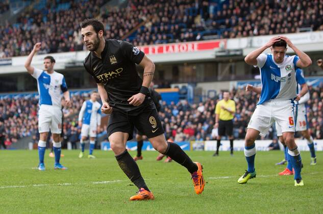Alvaro Negredo of Manchester City celebrates his opening goal - Blackburn Rovers vs. Manchester City - FA Cup Third Round - Ewood Park - Blackburn - 04 01 2014 Pic Philip Oldham Sportimage EDITORIAL USE ONLY. No use with unauthorised audio, video, data, fixture lists, club league logos or live services. Online in-match use limited to 120 images, no video emulation. No use in betting, games or single club league player publications.