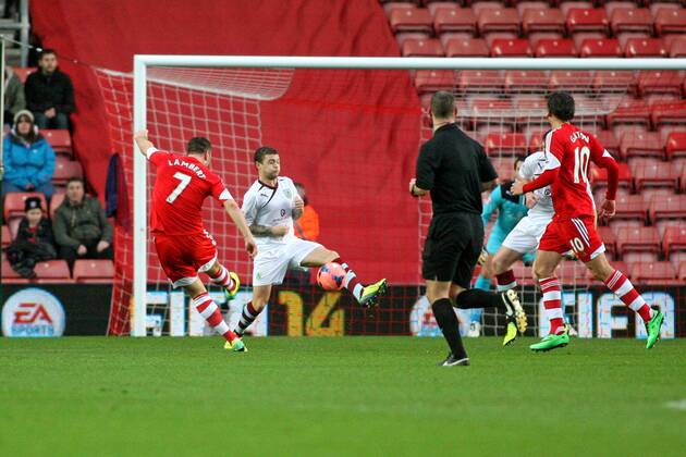 Football - 2013 2014 FA Cup - Third Round: Southampton vs. Burnley Southampton s Rickie Lambert fires in Saints second goal at St Mary s Stadium Southampton Colorsport Shaun Boggust