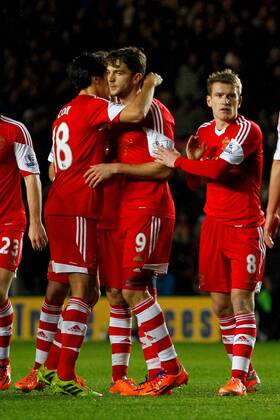 Football - 2013 2014 FA Cup - Third Round: Southampton vs. Burnley Southamptons former Burnley player Jay Rodriguez holds back his celebration after scoing Saints third at St Mary s Stadium Southampton Colorsport Shaun Boggust