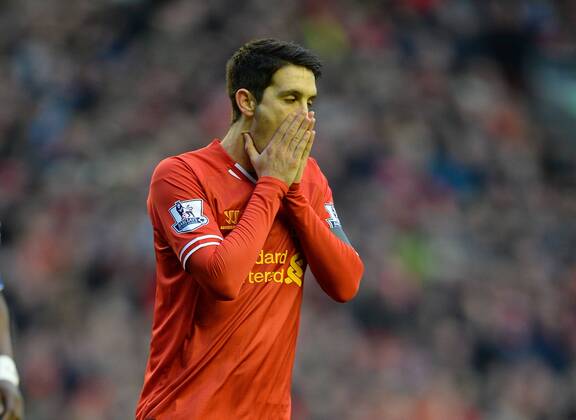 Luis Alberto of Liverpool reacts after missing a chance to score - The FA Cup with Budweiser 3rd Round - Liverpool FC vs Oldham Athletic - Anfield Stadium - Liverpool - England - 5th January 2014 - Picture SimonxBellis Sportimage EDITORIAL USE ONLY. No use with unauthorised audio, video, data, fixture lists, club league logos or live services. Online in-match use limited to 120 images, no video emulation. No use in betting, games or single club league player publications.
