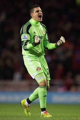 Vito Mannone of Sunderland celebrates his sides opening goal - AFC Sunderland vs. Manchester United (ManU) - Capital One Cup SemiFinal First Leg - Stadium of Light - Sunderland - 07 01 2014 EDITORIAL USE ONLY. No use with unauthorised audio, video, data, fixture lists, club league logos or live services. Online in-match use limited to 120 images, no video emulation. No use in betting, games or single club league player publications.