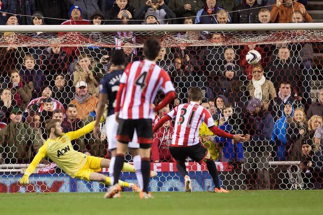 Fabio Borini of Sunderland scores his sides second goal from the penalty spot - AFC Sunderland vs. Manchester United (ManU) - Capital One Cup SemiFinal First Leg - Stadium of Light - Sunderland - 07 01 2014 EDITORIAL USE ONLY. No use with unauthorised audio, video, data, fixture lists, club league logos or live services. Online in-match use limited to 120 images, no video emulation. No use in betting, games or single club league player publications.