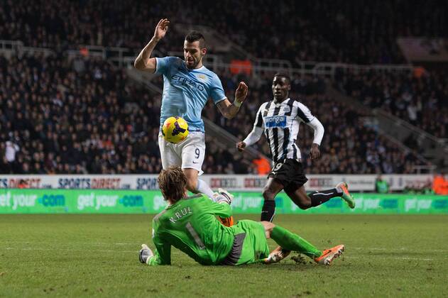 Alvaro Negredo of Manchester City scores his sides second goal - Newcastle United vs. Manchester City - Barclays Premier League - St James Park - Newcastle - 12 01 2014 EDITORIAL USE ONLY. No use with unauthorised audio, video, data, fixture lists, club league logos or live services. Online in-match use limited to 120 images, no video emulation. No use in betting, games or single club league player publications.