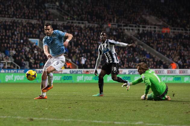 Alvaro Negredo of Manchester City scores his sides second goal - Newcastle United vs. Manchester City - Barclays Premier League - St James Park - Newcastle - 12 01 2014 EDITORIAL USE ONLY. No use with unauthorised audio, video, data, fixture lists, club league logos or live services. Online in-match use limited to 120 images, no video emulation. No use in betting, games or single club league player publications.