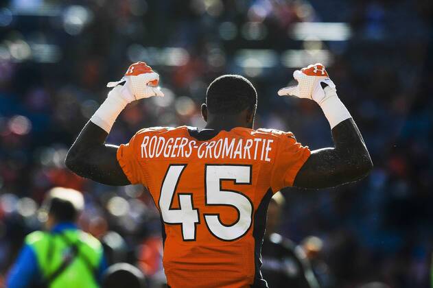 Jan. 12, 2014 - Denver, CO, USA - Denver Broncos corner back Dominique Rodgers-Cromartie dances as he prepares to take on the San Diego Chargers in the AFC divisional playoffs in Denver on Sunday, Jan. 12, 2014. BRONCOS CHARGERS - ZUMAm67