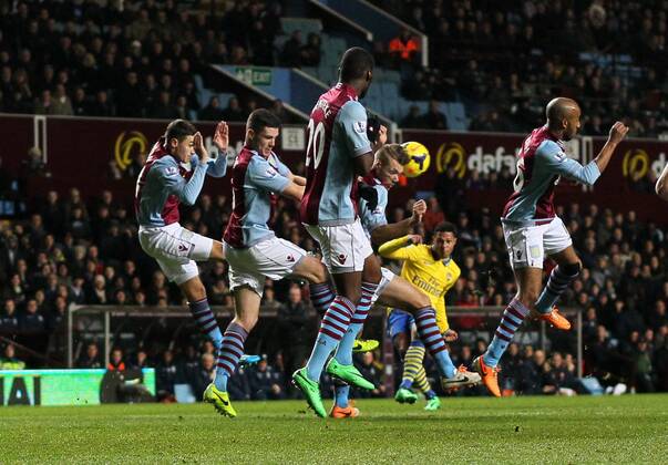 Aston Villa s Nathan Baker gets hit in the head by a shot from Arsenal s Serge Gnabry and stretchered off Aston Villa - Arsenal FC London. Premier League - Villa Park- Birmingham - England - 13 01 2014 - PicxDavidxKleinxSportimagex EDITORIAL USE ONLY. No use with unauthorised audio, video, data, fixture lists, club league logos or live services. Online in-match use limited to 120 images, no video emulation. No use in betting, games or single club league player publications.