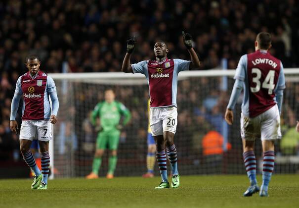 Aston Villa s Christian Benteke celebrates scoring his sides opening goal Aston Villa - Arsenal FC London. Premier League - Villa Park- Birmingham - England - 13 01 2014 - xDavidxKleinxSportimagex EDITORIAL USE ONLY. No use with unauthorised audio, video, data, fixture lists, club league logos or live services. Online in-match use limited to 120 images, no video emulation. No use in betting, games or single club league player publications.