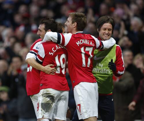 Arsenal s Santi Cazorla celebrates scoring his sides second goal - Arsenal FC London vs Fulham FC - - Premier League - Emirates Stadium- London - England - 18 01 2014 - Pic DavidKlein Sportimage EDITORIAL USE ONLY. No use with unauthorised audio, video, data, fixture lists, club league logos or live services. Online in-match use limited to 120 images, no video emulation. No use in betting, games or single club league player publications.