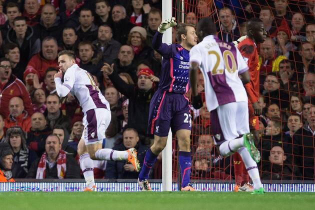 Andreas Wiemann of Aston Villa celebrates his opening goal - Liverpool FC vs. Aston Villa - Barclays Premier League - Anfield - Liverpool - 18 01 2014 Pic PhilipxOldham Sportimage EDITORIAL USE ONLY. No use with unauthorised audio, video, data, fixture lists, club league logos or live services. Online in-match use limited to 120 images, no video emulation. No use in betting, games or single club league player publications.