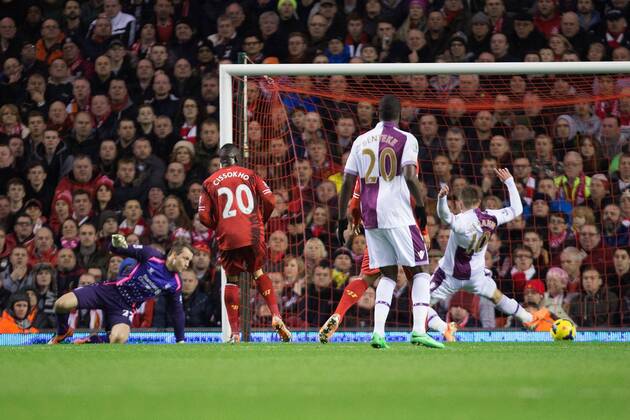 Andreas Wiemann of Aston Villa scoring his opening goal - Liverpool FC vs. Aston Villa - Barclays Premier League - Anfield - Liverpool - 18 01 2014 Pic PhilipxOldham Sportimage EDITORIAL USE ONLY. No use with unauthorised audio, video, data, fixture lists, club league logos or live services. Online in-match use limited to 120 images, no video emulation. No use in betting, games or single club league player publications.