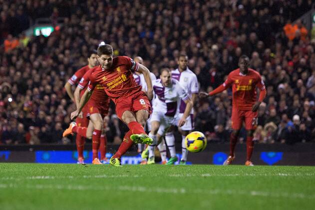 Steven Gerrard of Liverpool scores from the penalty spot - Liverpool FC vs. Aston Villa - Barclays Premier League - Anfield - Liverpool - 18 01 2014 Pic PhilipxOldham Sportimage EDITORIAL USE ONLY. No use with unauthorised audio, video, data, fixture lists, club league logos or live services. Online in-match use limited to 120 images, no video emulation. No use in betting, games or single club league player publications.