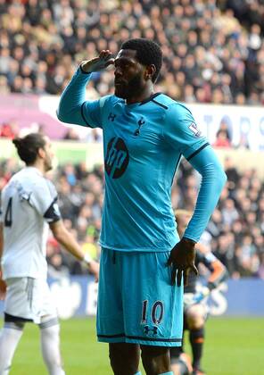 Emmanuel Adebayor of Tottenham celebrates the third goal - Barclays Premier League - Swansea City vs Tottenham Hotspur - Liberty Stadium - Swansea - Wales - 19th January 2014 - EDITORIAL USE ONLY. No use with unauthorised audio, video, data, fixture lists, club league logos or live services. Online in-match use limited to 120 images, no video emulation. No use in betting, games or single club league player publications.