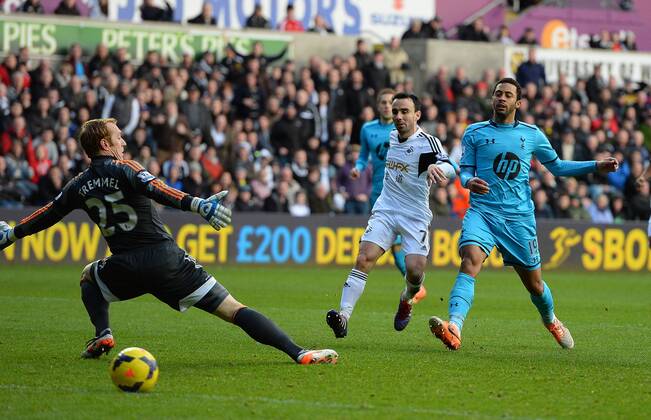 Mousa Dembele of Tottenham shoots wide with only the keeper to beat - Barclays Premier League - Swansea City vs Tottenham Hotspur - Liberty Stadium - Swansea - Wales - 19th January 2014 - EDITORIAL USE ONLY. No use with unauthorised audio, video, data, fixture lists, club league logos or live services. Online in-match use limited to 120 images, no video emulation. No use in betting, games or single club league player publications.