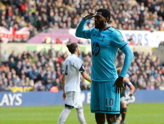 Emmanuel Adebayor of Tottenham celebrates the third goal with a salute - Barclays Premier League - Swansea City vs Tottenham Hotspur - Liberty Stadium - Swansea - Wales - 19th January 2014 - EDITORIAL USE ONLY. No use with unauthorised audio, video, data, fixture lists, club league logos or live services. Online in-match use limited to 120 images, no video emulation. No use in betting, games or single club league player publications.