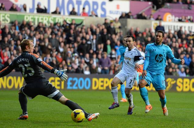 Mousa Dembele of Tottenham shoots wide with only the keeper to beat - Barclays Premier League - Swansea City vs Tottenham Hotspur - Liberty Stadium - Swansea - Wales - 19th January 2014 - EDITORIAL USE ONLY. No use with unauthorised audio, video, data, fixture lists, club league logos or live services. Online in-match use limited to 120 images, no video emulation. No use in betting, games or single club league player publications.