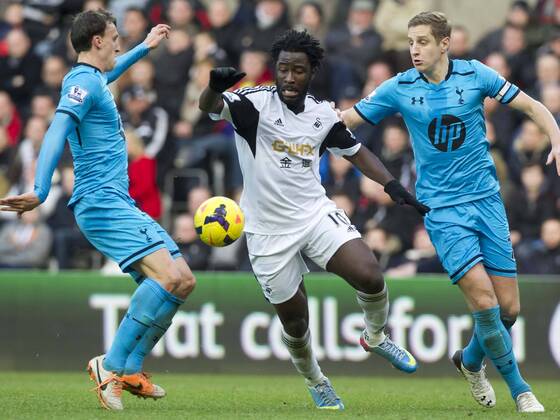 Football - 2013 2014 Premier League - Swansea City vs. Tottenham Hotspur Wilfried Bony of Swansea attacks at the Liberty Stadium. 