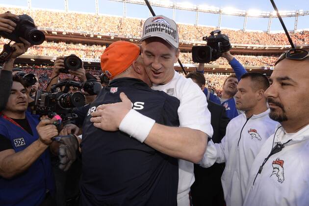 Peyton Manning (18) and Head Coach John Fox of the Denver Broncos celebrates their victory over the New England Patriots during the AFC Championship game at Sports Authority Field at Mile High in Denver on January 19, 2014. The New England-Denver winner will play in Super Bowl XLVIII at MetLife Stadium  DEN20140119441