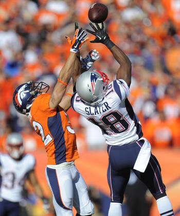 Jan. 18, 2014 - Denver, CO, USA - Denver Broncos cornerback Tony Carter breaks up a pass intended for New England Patriots wide receiver Matthew Slater during the first quarter of the AFC championship game at Sports Authority Field at Mile High in Denver on Sunday, Jan. 19, 2014. The Broncos defeated the Patriots, 26-16. BRONCOS PATRIOTS - ZUMAm67