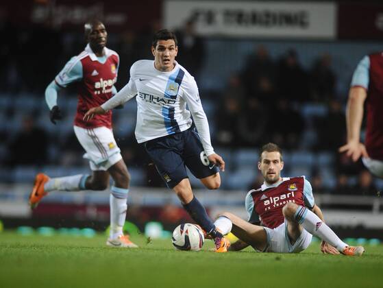 Football - 2013 2014 Capital One League Cup - Semi-Final: West Ham United vs. Manchester City Man City s Marcos Lopes and West Ham s Roger Johnson at Upton Park. COLORSPORT ANDREW COWIE