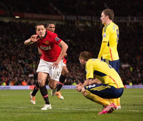 Javier Hernandez (Chicharito) of Manchester United (ManU) celebrates his goal which send the game to a penalty shoot out - Manchester United (ManU) vs. Sunderland FC - Capital One Cup Semi Final Second Leg - Old Trafford - Manchester - 22 01 2014 Pic PhilipOldham Sportimage EDITORIAL USE ONLY. No use with unauthorised audio, video, data, fixture lists, club league logos or live services. Online in-match use limited to 120 images, no video emulation. No use in betting, games or single club league player publications.