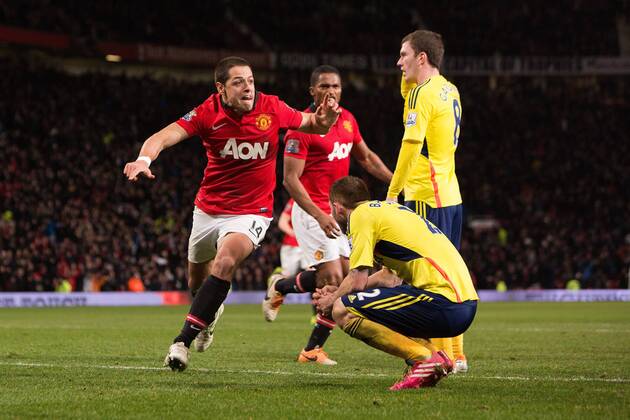 Javier Hernandez (Chicharito) of Manchester United (ManU) celebrates his goal which send the game to a penalty shoot out - Manchester United (ManU) vs. Sunderland FC - Capital One Cup Semi Final Second Leg - Old Trafford - Manchester - 22 01 2014 Pic PhilipOldham Sportimage EDITORIAL USE ONLY. No use with unauthorised audio, video, data, fixture lists, club league logos or live services. Online in-match use limited to 120 images, no video emulation. No use in betting, games or single club league player publications.