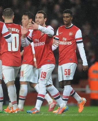 Football - 2013 2014 FA Cup - Fourth Round: Arsenal vs. Coventry City Arsenal s Santi Cazorla celebrates his goal with Gedion Zelalem at The Emirates. COLORSPORT ANDREW COWIE