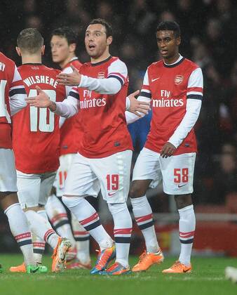 Football - 2013 2014 FA Cup - Fourth Round: Arsenal vs. Coventry City Arsenal s Santi Cazorla celebrates his goal with Gedion Zelalem at The Emirates. COLORSPORT ANDREW COWIE