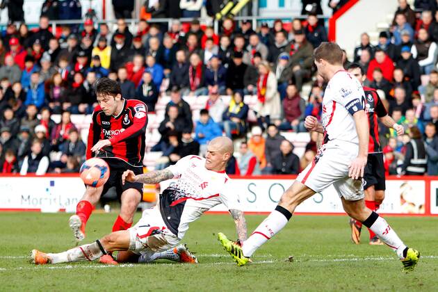 Football - 2013 2014 FA Cup - Fourth Round: AFC Bournemouth vs. Liverpool FC Martin Skrtel of Liverpool blocks a shot on goal from Bournemouth s Harry Arter at St Mary s Stadium Southampton Colorsport ShaunxBoggust