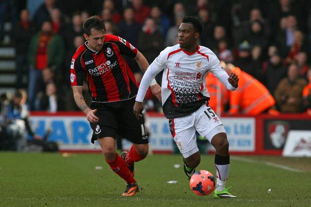 Football - 2013 2014 FA Cup - Fourth Round: AFC Bournemouth vs. Liverpool FC Daniel Sturridge of Liverpool holds off Bournemouth s Charlie Daniels at Dean Court The Goldsands Stadium Colorsport ShaunxBoggust