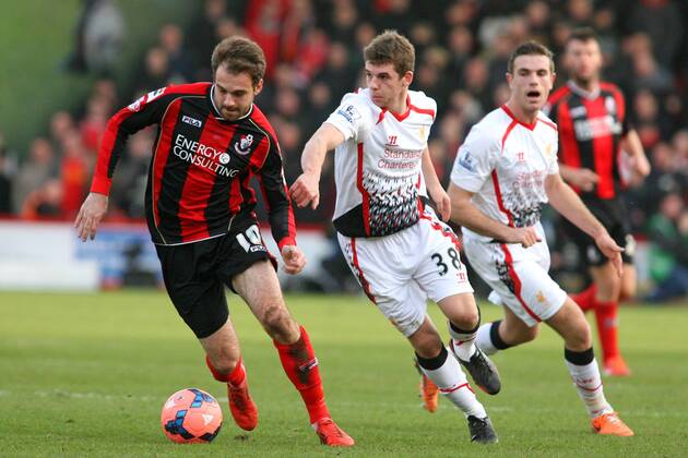Football - 2013 2014 FA Cup - Fourth Round: AFC Bournemouth vs. Liverpool FC Bournemouth s Brett Pitman turns Jon Flanagan of Liverpool at Dean Court The Goldsands Stadium Colorsport ShaunxBoggust