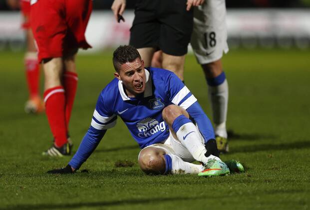 Everton s Bryan Oviedo looks on in shock as he breaks his ankle Stevenage vs Everton - FA Cup Fourth Round - Broadhall Way- Stevenage - England - 25 01 2014 - EDITORIAL USE ONLY. No use with unauthorised audio, video, data, fixture lists, club league logos or live services. Online in-match use limited to 120 images, no video emulation. No use in betting, games or single club league player publications.