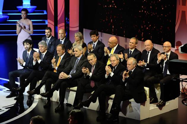 Db Milano 27 01 2014 - Gala Oscar del calcio AIC 2013 foto DanielexBuffa Image Sport pictured: Damiano Tommasi-Andrea Abodi-Renzo Ulivieri-Marcello Nicchi-Giancarlo Abete-Maurizio Beretta-Simone Perrotta-Luigi Di Biagio-Demetrio Albertini-Adriano Galliani-Giuseppe Marotta 